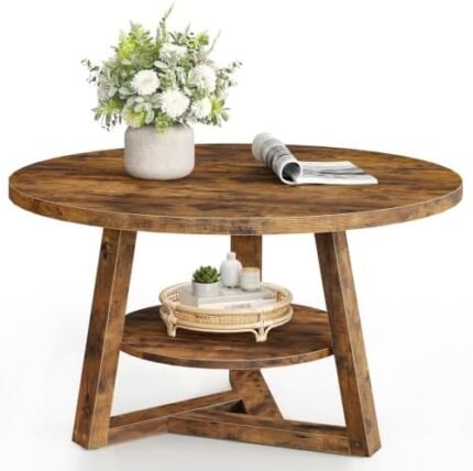 Round Coffee Table, Small 2-Tier Center Table for Living Room | 27.6" Dia. x 18.5" H, Thickened Wooden Tabletop & Base, Easy Assembly, Ideal for Home Office, Compact Spaces, Rustic Brown